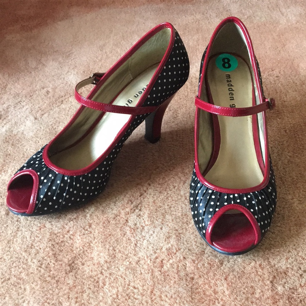 NIB Madden Girl peep-toe heels, b&w polka dots